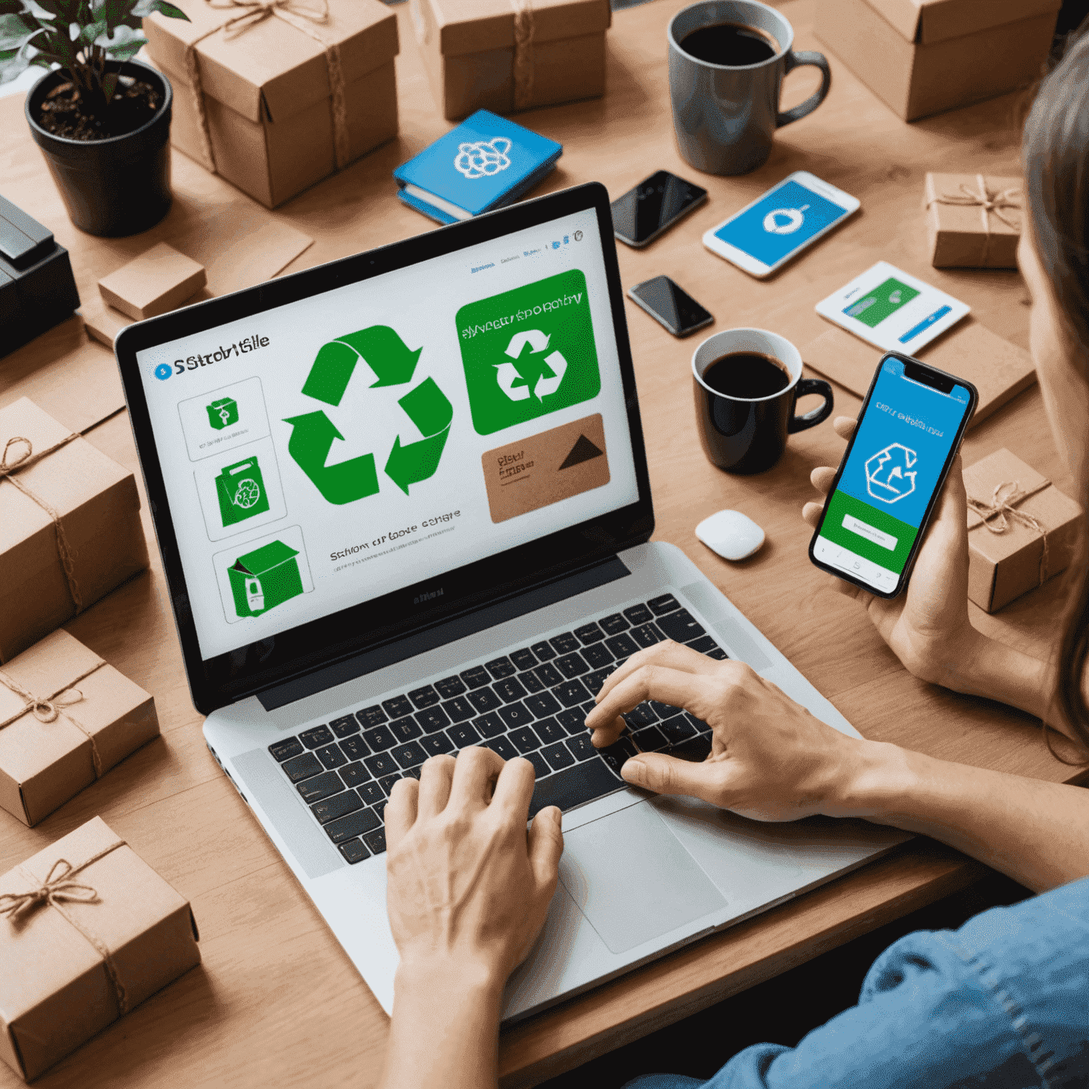 Collage von verschiedenen Online-Shopping-Szenen: Eine Person, die auf einem Smartphone einkauft, ein Paket mit einem Recycling-Symbol und ein personalisiertes Produktangebot auf einem Laptop-Bildschirm