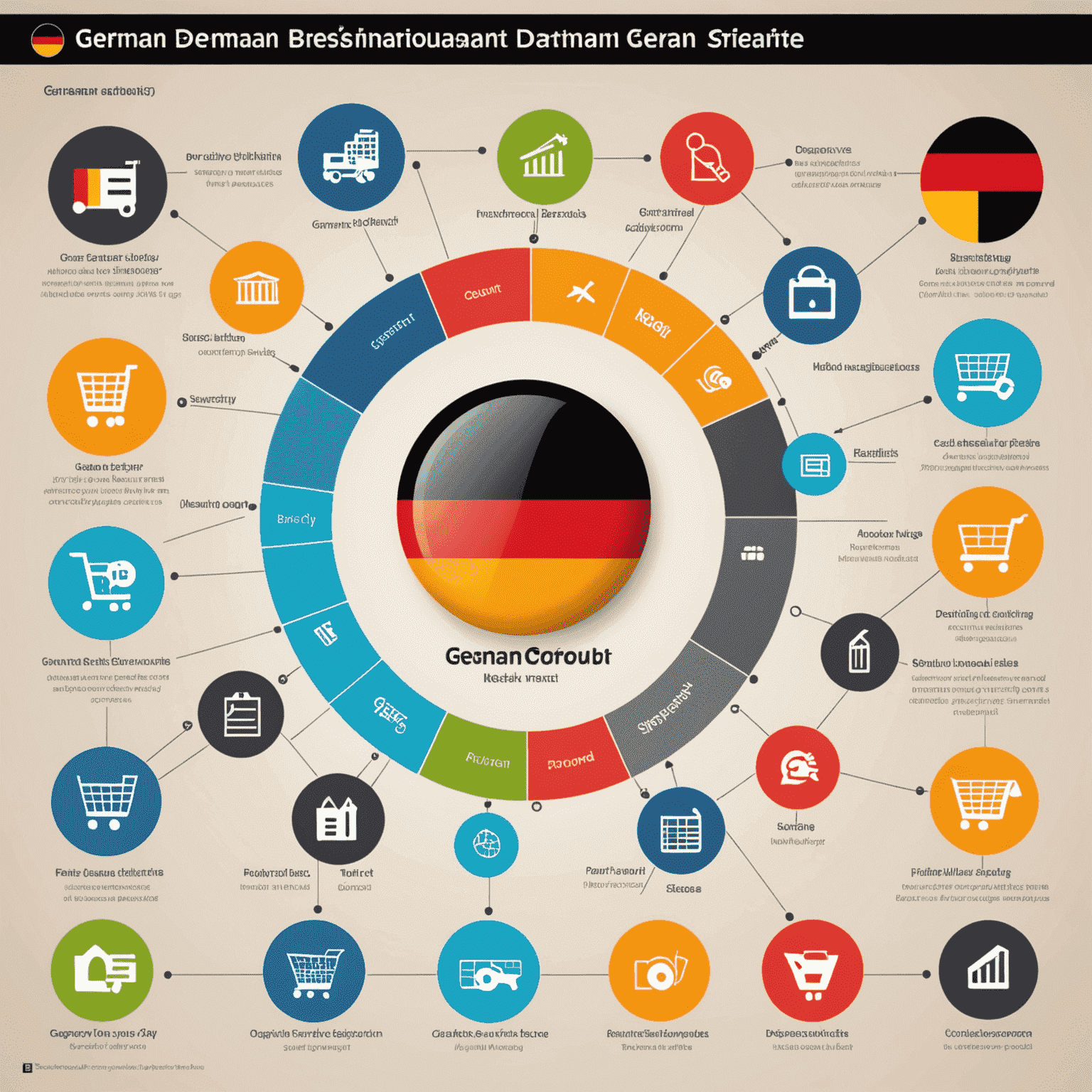 Infografik, die verschiedene Aspekte des deutschen Konsumverhaltens zeigt, einschließlich Online-Shopping-Präferenzen, beliebte Produktkategorien und Zahlungsmethoden