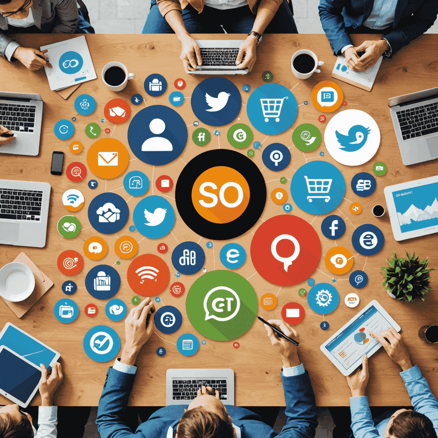 Grafische Darstellung verschiedener digitaler Marketingkanäle wie SEO, Social Media und Content Marketing, angepasst an den deutschen E-Commerce-Markt