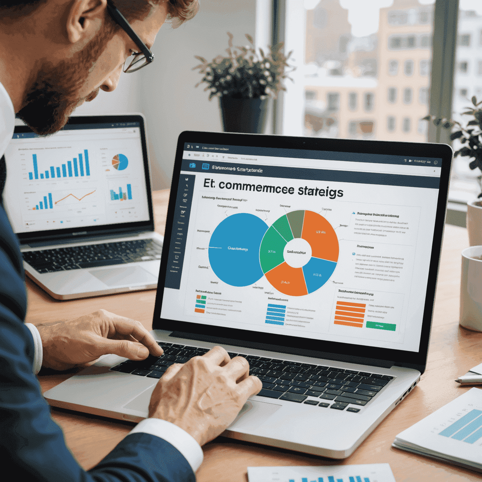 Ein Berater zeigt auf einen Laptop-Bildschirm mit Diagrammen und Grafiken, die E-Commerce-Strategien darstellen