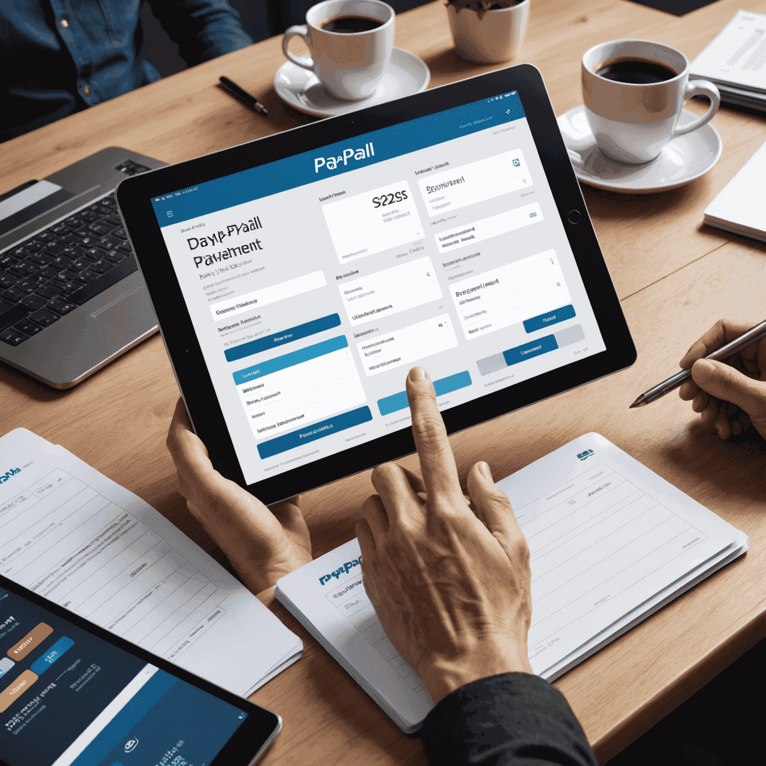 Verschiedene deutsche Zahlungsmethoden wie PayPal, Sofortüberweisung, Kreditkarte und Rechnung werden auf einem Tablet-Bildschirm angezeigt