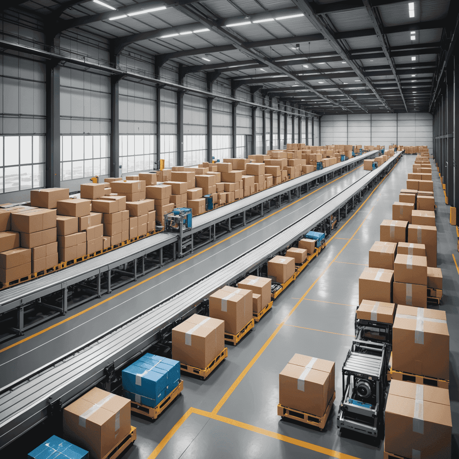 Modernes Logistikzentrum mit automatisierten Förderbändern und Robotern, die Pakete für den Versand vorbereiten