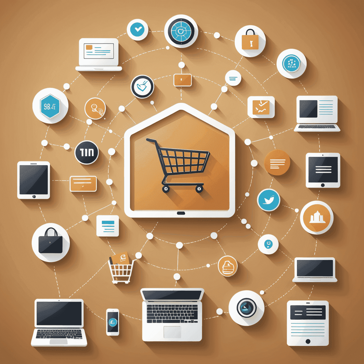 Grafische Darstellung verschiedener Compliance-Aspekte für Online-Shops, einschließlich Datenschutz, Verbraucherrechte und E-Commerce-Gesetze