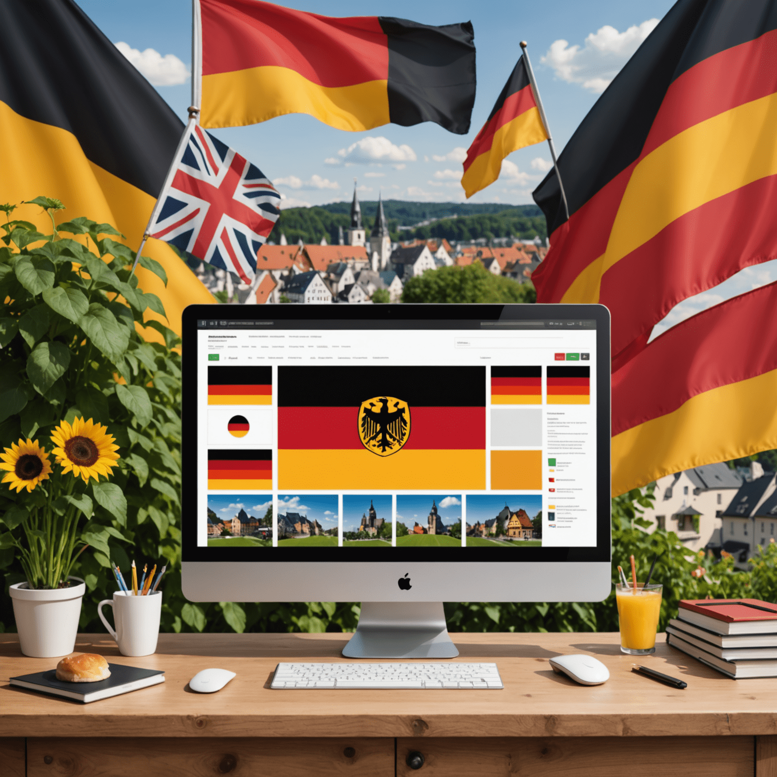 Eine Webseite wird von Englisch auf Deutsch übersetzt, mit deutschen Flaggen und Kulturikonen im Hintergrund